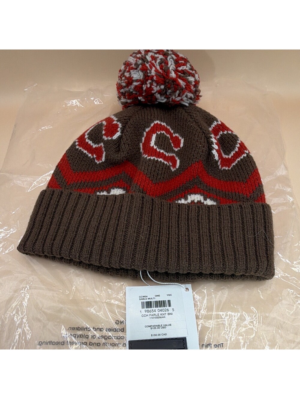 Coach CCW04 Knit Chevron Pom Pom Beanie One Size Sable Multi Brown Red